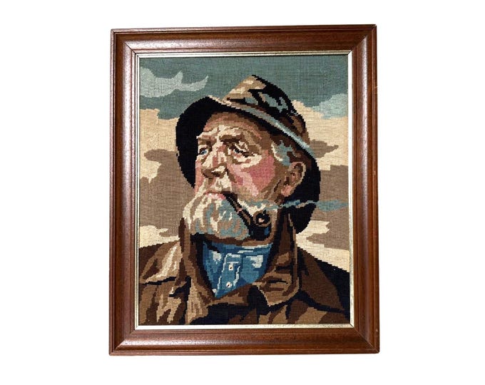 Large vintage embroidery framed portrait of Dorus Rijkers, a pipe-smoking fisherman, mid century wall art 1970s, Original by Harry Haerendel