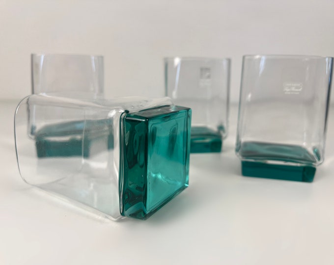 Set of 4 vintage crystal Luigi Bormioli Van Gogh tumblers from the Light and Music series, Square tumbler, Italy 1980s