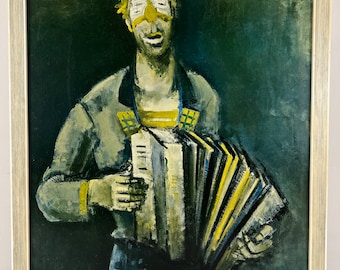 木製フレームに入ったアコーディオン付きピエロ、オリジナルの珍しい