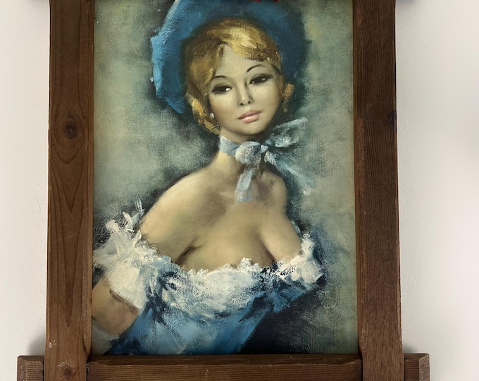 Vintage framed art print of a scantily dressed young woman, kitsch wall art, 1960s Italian wall art.