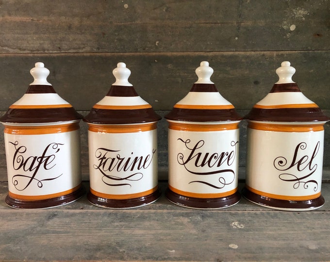 Ceramic storage jars, Boch la Louvière fermette, Set of 4 Four large storage jars, ceramic kitchen jars, vintage from the 1980's