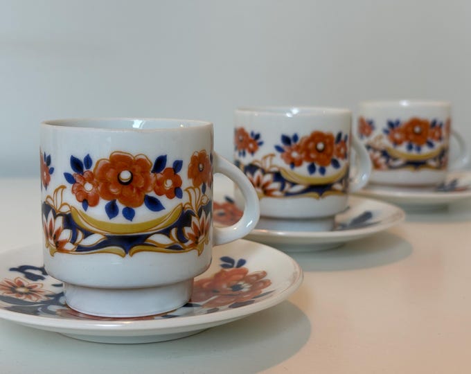 Vintage sets of 3 Italian coffee cups and saucers, porcelain decorated with flowers, vintage ceramics, manufactured by ANCAP Italy 1980s