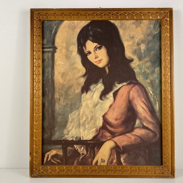 impression d’art encadrée vintage d’une femme gitane, art mural kitsch, art gitan, art mural des années 1970