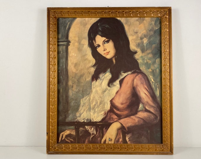 Vintage framed art print of a gypsy woman, kitsch wall art, gypsy art, 1970s wall art