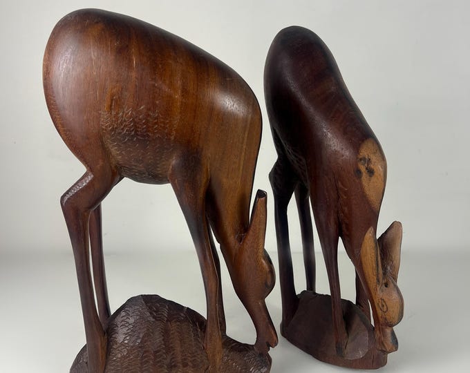 Vintage Mid-Century hand-carved wooden deer figurines – Set of 2 large grazing doe/gazelle Sculptures