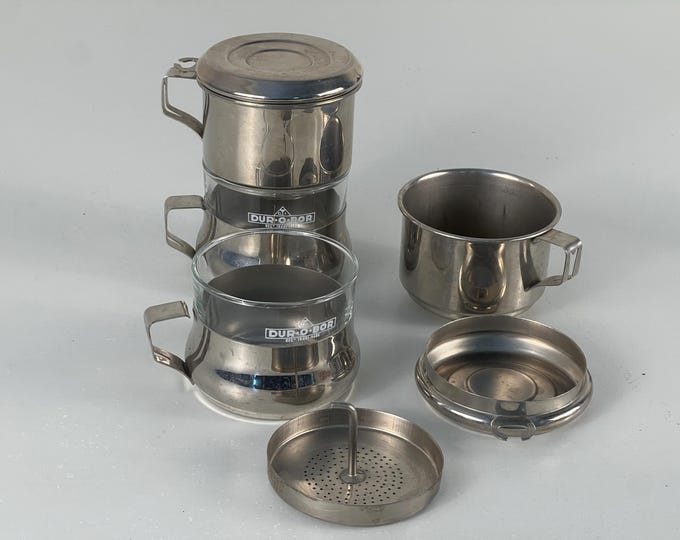 Set of 2 French - Belgian coffee - tea makers stainless steel and glass, Durobor Belgium, from the 1980s