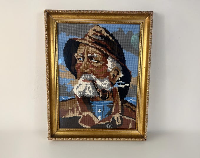 Vintage embroidery framed portrait of Dorus Rijkers, a pipe-smoking fisherman, mid century wall art 1970’s, Original by Harry Haerendel