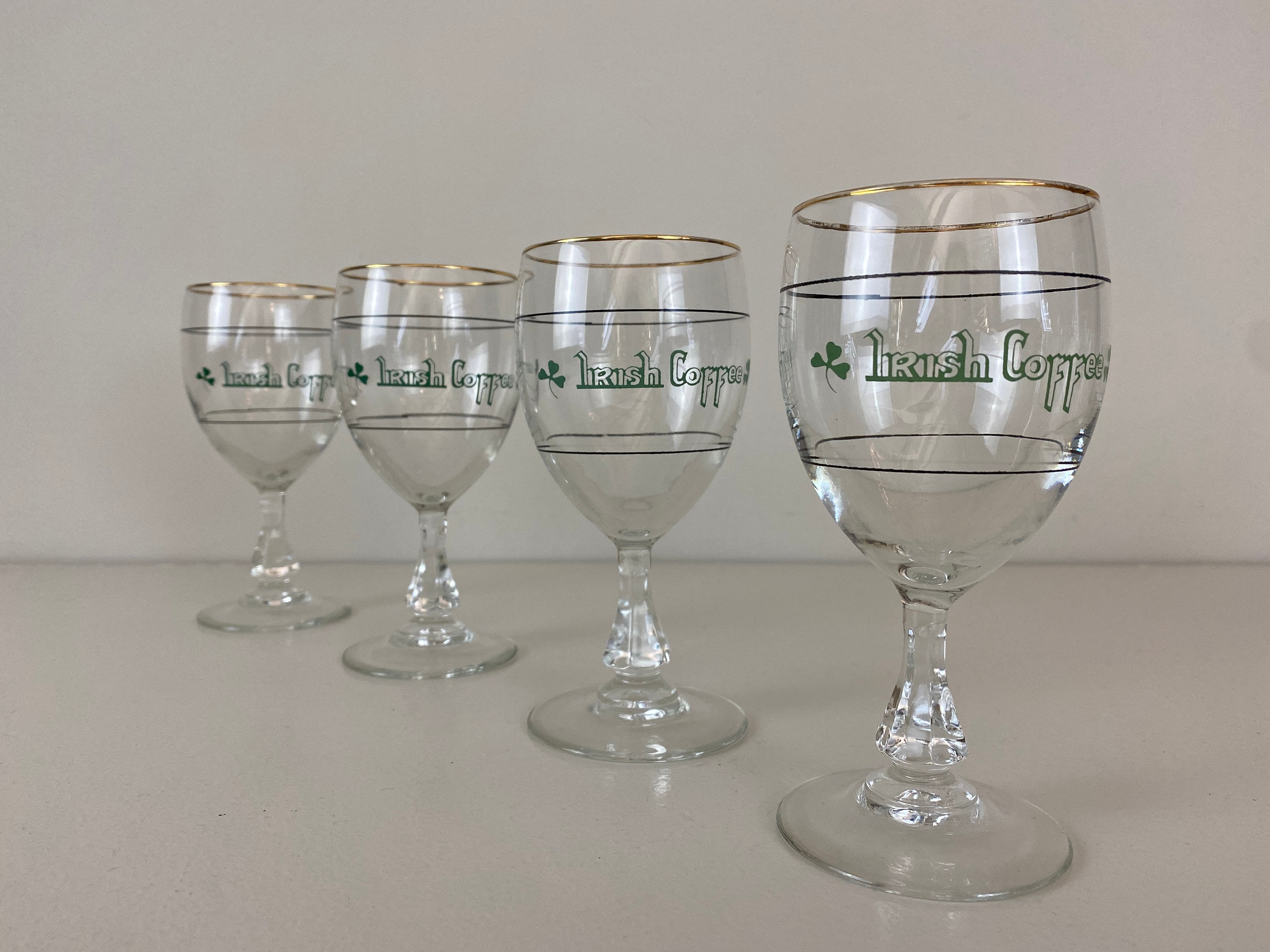 Set of 4 vintage Irish coffee glasses with golden rim from the 70's, Luminarc France, mid