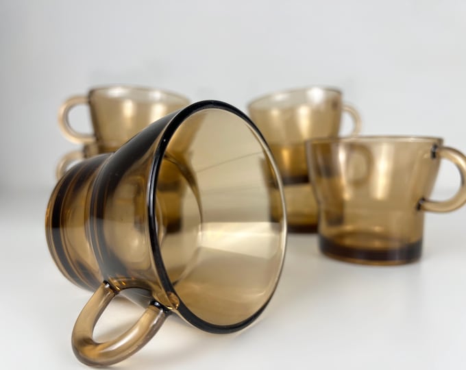 Set of 6 amber smoked glass coffee or tea cups, vintage retro mid century modern design, 1980s Duralex France 1980s