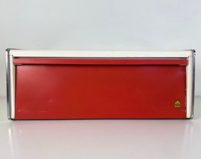 Brabantia bread box red and off white metal bread box, vintage mid century design 1970s