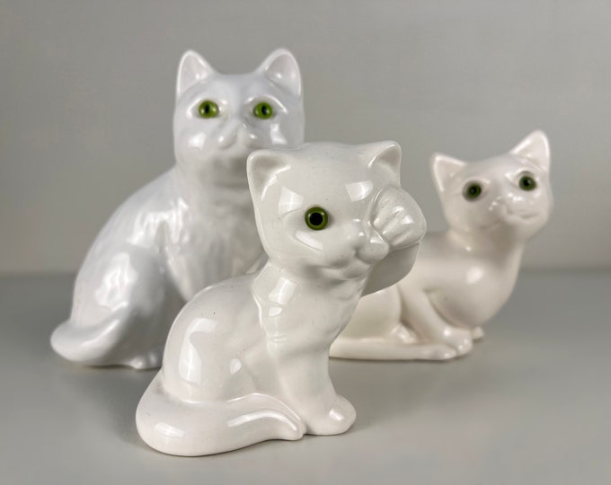 Set of three cute, vintage white porcelain cats from the 1970s