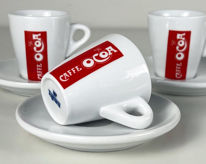 Set of 3 nice porcelain espresso cups and saucers, advertising Ocoa coffee produced by Italian Tognana, 2000's