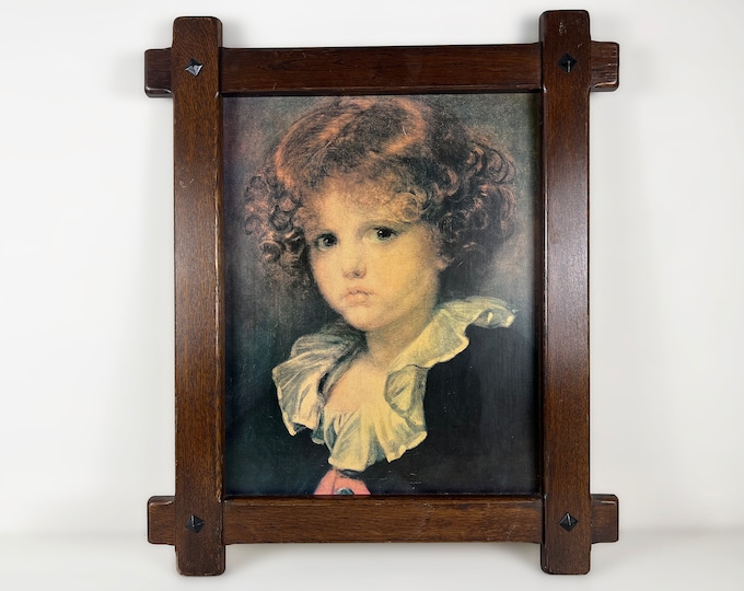 Vintage framed art print, portrait of a child, kitsch wall art, Rococo style, Jean Baptiste Greuze - Paris France, 1970s wall art