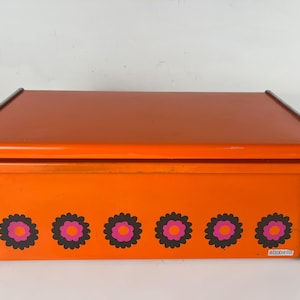 Orangefarbene Brabantia-Brotdose aus Metall, Brabantia Patrice-Brotdose mit Blumenmuster, Vintage-Design aus der Mitte des 20. Jahrhunderts (1970er Jahre)