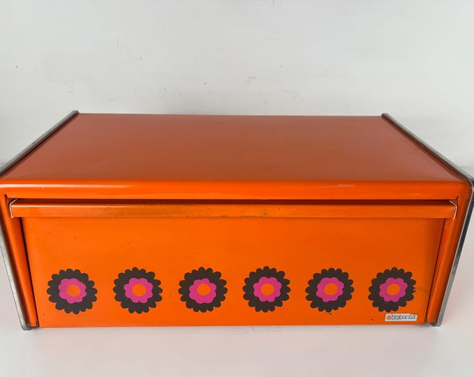 Brabantia orange metal bread box, Brabantia Patrice bread box with a flowery design, vintage mid century design 1970s
