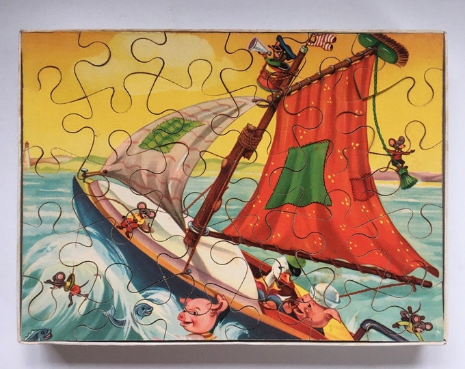 Vintage jig saw puzzle cardboard glued on wooden base 30 pieces | Animals (mice, pigs and a goose) on the sea in a sailing boat | Fifties