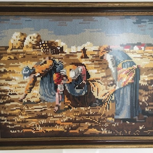 Framed embroidery painting with The Gleaners - Millet 1970s