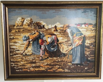Framed embroidery painting with The Gleaners - Millet 1970s
