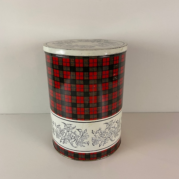Tomado XL Storage canister, kitchen tin, Tomado Holland 1970's, design with green, red and blue checks and flowers