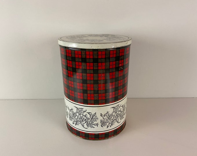 Tomado XL Storage canister, kitchen tin, Tomado Holland 1970's, design with green, red and blue checks and flowers