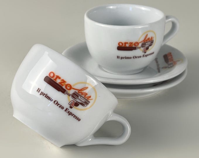 Set of 2 nice vintage porcelain espresso cups, advertising Orzo coffee, manufactured by Imker Porcelain