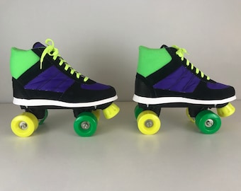 Vintage 90's Retro Roller skates black, purple, yellow and neon green, New old stock, Size: EU 39 USwoman 8, USman 7, UK 6.0