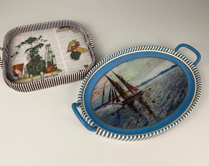 Two retro vintage serving trays from the fifties with a plastic braided edge.