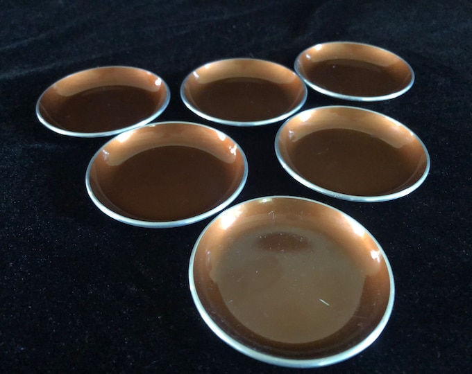 Vintage Emalox set of 7 brown small plates, snack set from the 1960's, Emalox Enamelware Norway midcentury modern barware