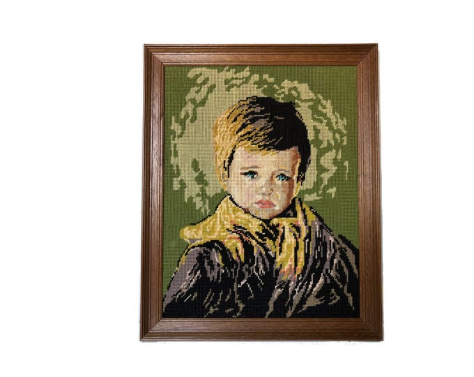 Nice vintage framed portrait embroidery of a crying boy by Giovanni Bragolin 1970s