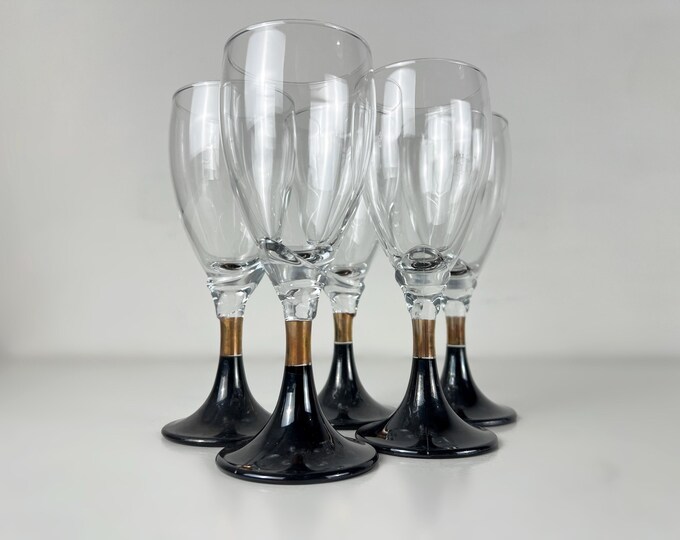 Set of 5 vintage Rocco Bormioli Arianne Sky Italian white wine glasses with painted black and gold graceful stem, Italy 1980s