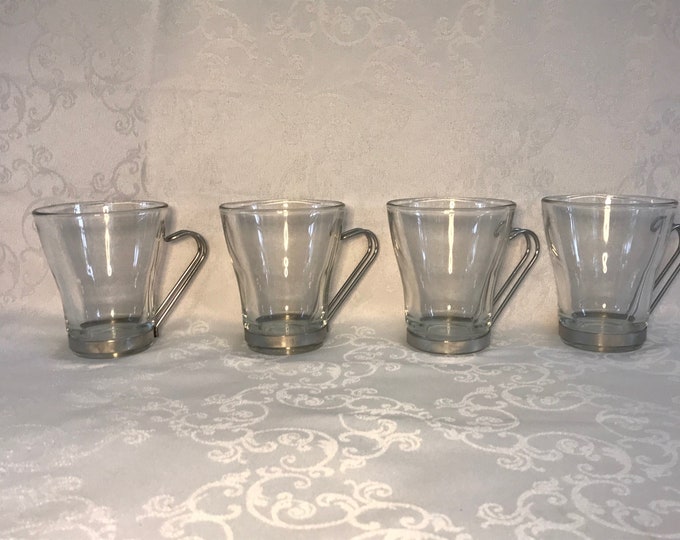 4 glass tea mugs, tea cups or coffee cups, metal handle, Bormioli Rocco 1980s