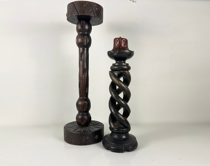 Pair of large vintage hand carved wooden candle stick holders, African candle holders, boho, rustic design.