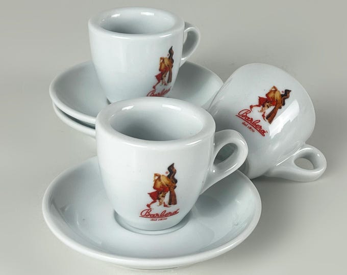 Set of 2 or 3 porcelain bar quality espresso cups and saucers. The cups are illustrated with Italian Barbera coffee logo. Nuova Point Italy.