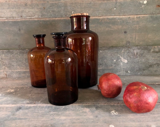 3 Large pharmacy bottles, apothecary bottles pharmacist jars, Vintage, antique amber brown colored glass bottle, 1930s - 1950s