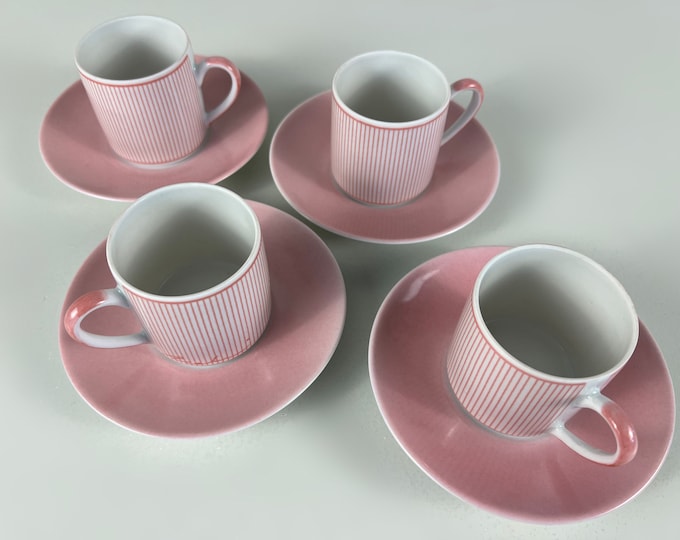 Vintage set of 3 or 4 porcelain demitasse coffee cups and saucers, white base with pink decorations, manufactured in Italy 1980s