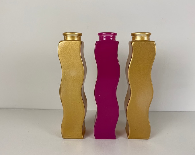 Set of 3 IKEA squiggle glass vases in gold and pink tones, a great vintage IKEA design from the 1990’s