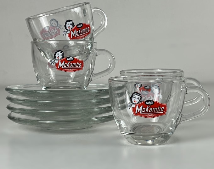 Set of 4 vintage caffe Mokambo espresso cups, made in Italy for Italian coffee company Mokambo, Italian coffee retro design.