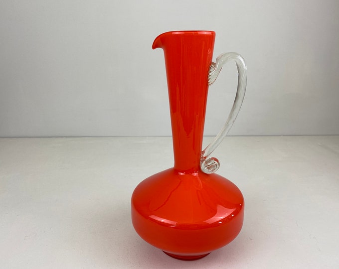 Orange glass jug, glass pitcher vase, Italian Opaline glass Florence, vintage mid century modern design from the 1970's