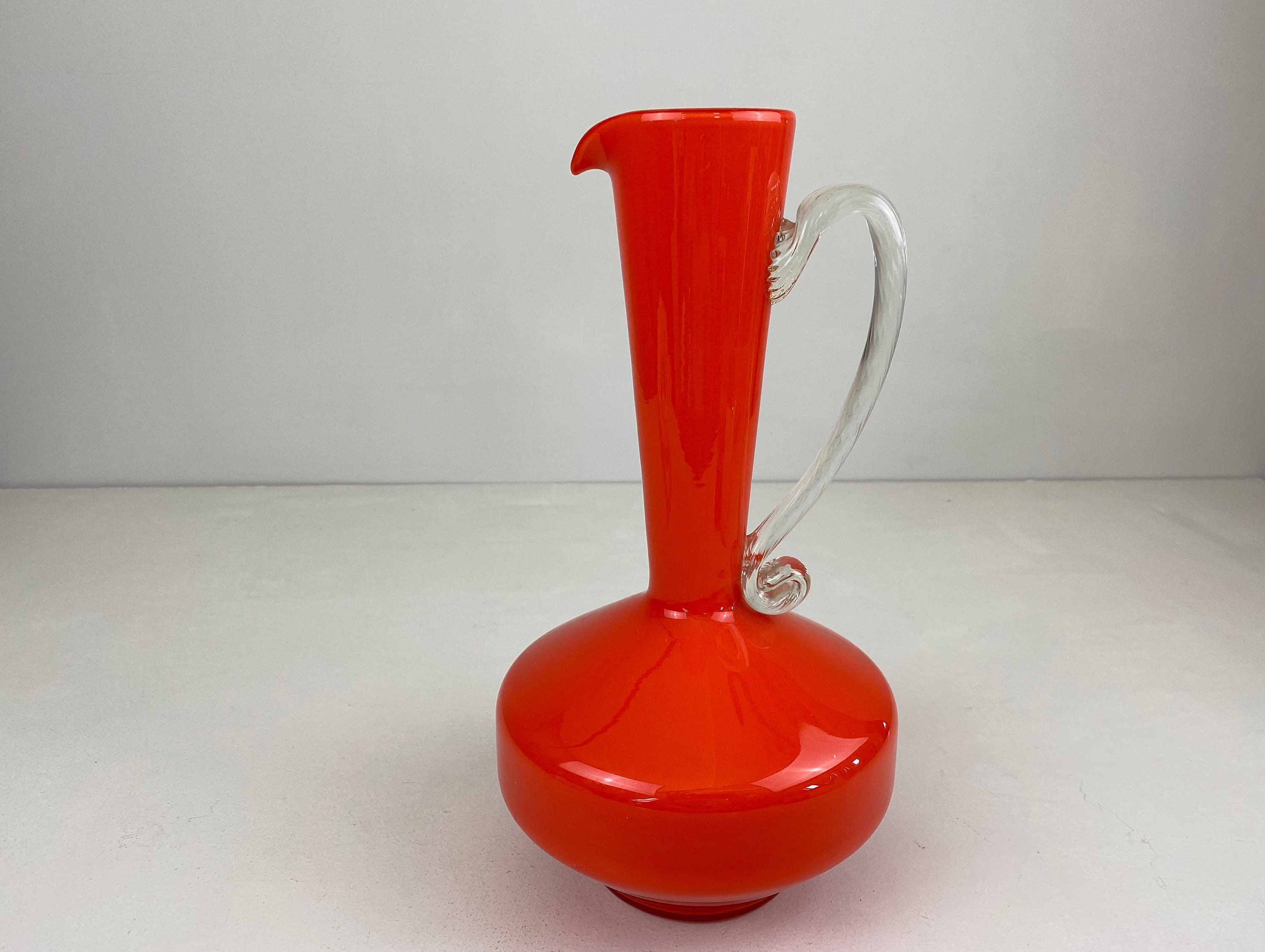 Orange Glass Jug Glass Pitcher Vase Italian Opaline Glass Florence Vintage Mid Century Modern