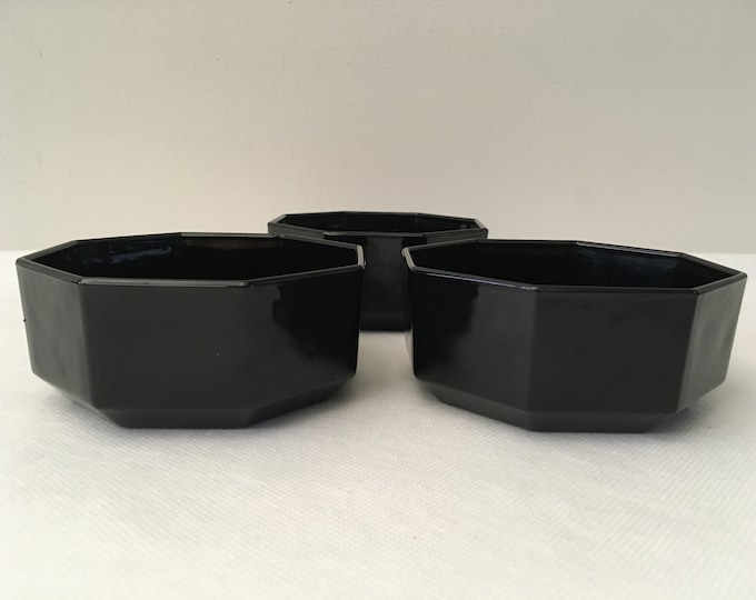 Set of 3 Octogonal fruit bowls, dessert bowls, cereal bowls by Arcoroc France, Octime black vintage 1970s-1980s