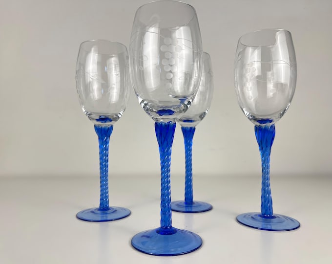 Set of 4 or 5 vintage crystal wine glasses, blue twirled stem and etched chalice, mid century modern barware 1970's
