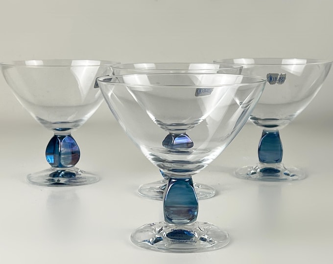 Exclusive set of 4 vintage, Schott- Zwiesel Conte Sapphire, hand painted crystal cocktail  glasses.