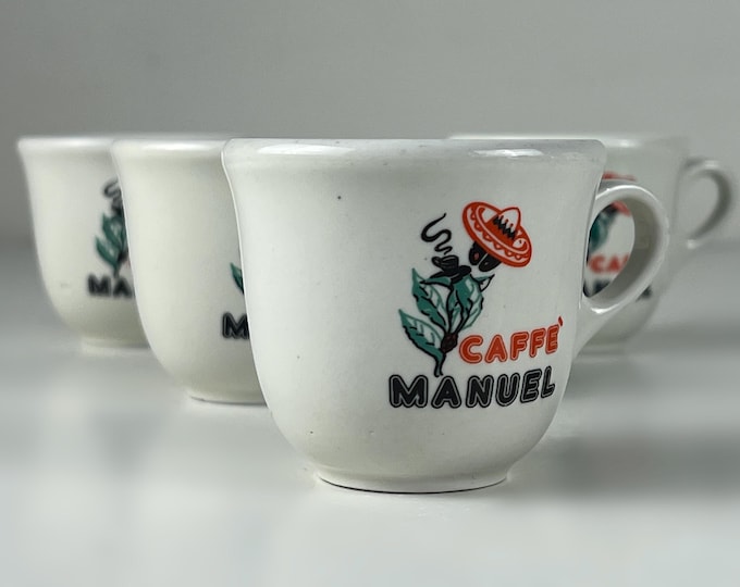 Set of 4 Italian espresso cups advertising Caffè Manuel. Manufactured by Tognana Italy