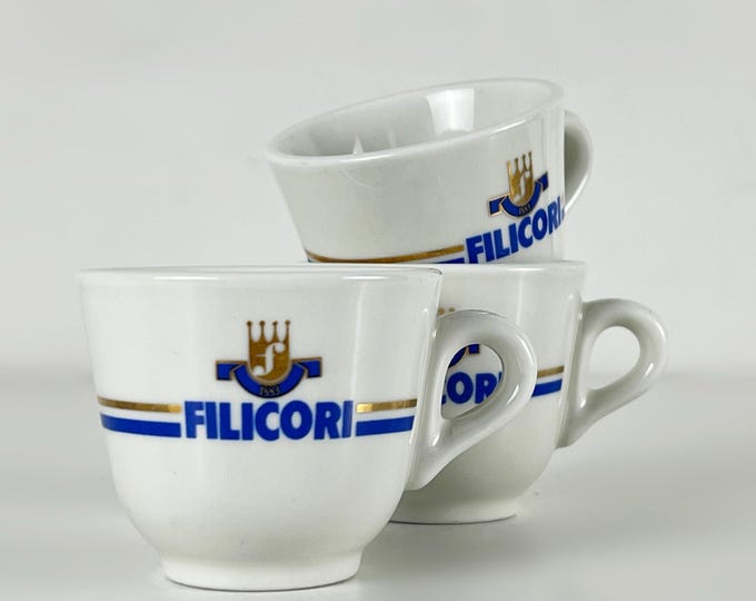 Set of 3 rare Italian vintage bar quality espresso cups, advertising the no longer existing Italian Filicori 1883 coffee brand, ACF Italy