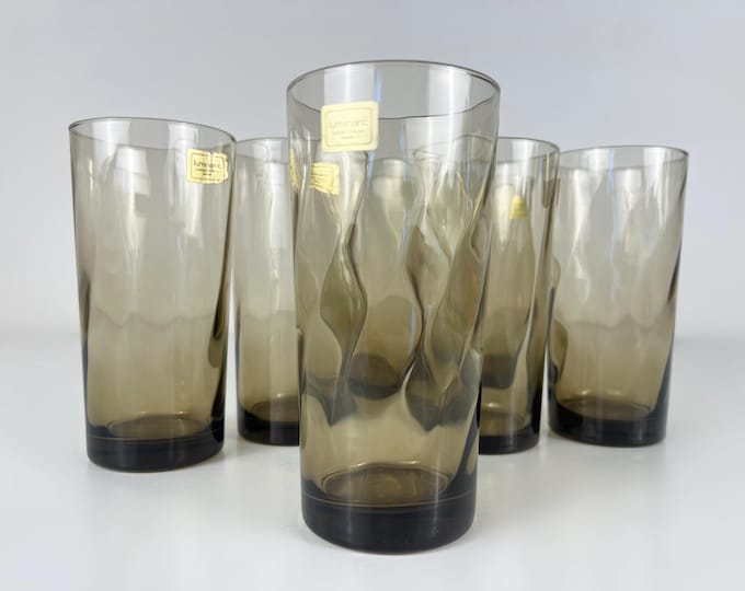 Set of 7 Luminarc smoke glass long drink glasses, lemonade glasses, water glasses, beautiful French mid century design from the 1970s
