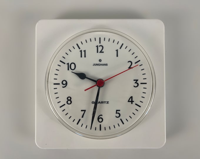 Junghans 1980s wall clock, Vintage 938 Quartz retro white plastic wall clock, West Germany