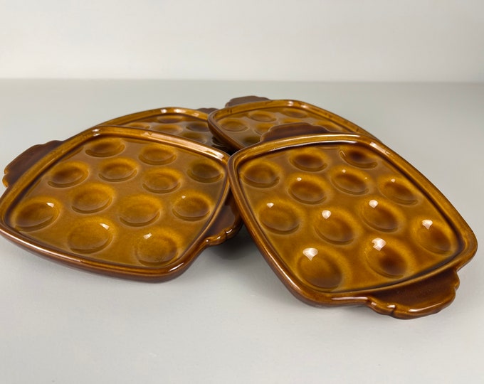 Set of 4 square escargot dishes, plates, mid century modern from the 1970s