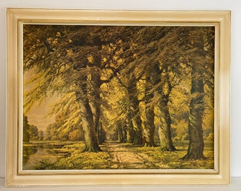 Large 1960s Willy Hanft framed art print depicting a beautiful autumnal outdoor scenery, Mid Century Modern Design