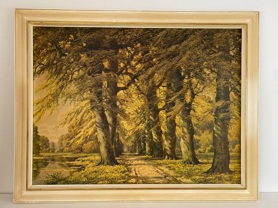 Großer 60er Jahre Willy Hanft Kunstdruck mit Rahmen, der eine wunderschöne  herbstliche Outdoor-Landschaft darstellt, Mid Century Modern Design