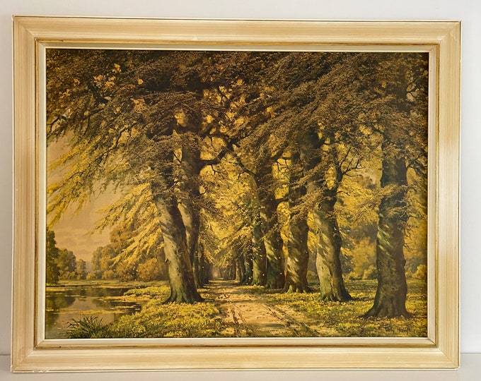 Large 1960s Willy Hanft framed art print depicting a beautiful autumnal outdoor scenery, Mid Century Modern Design